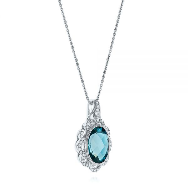 14k White Gold 14k White Gold Vintage-inspired London Blue Topaz And Diamond Pendant - Flat View -  105428