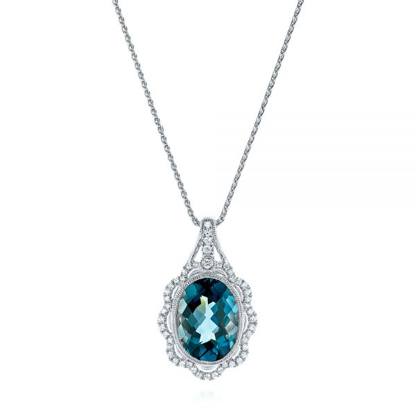 18k White Gold 18k White Gold Vintage-inspired London Blue Topaz And Diamond Pendant - Three-Quarter View -  105428