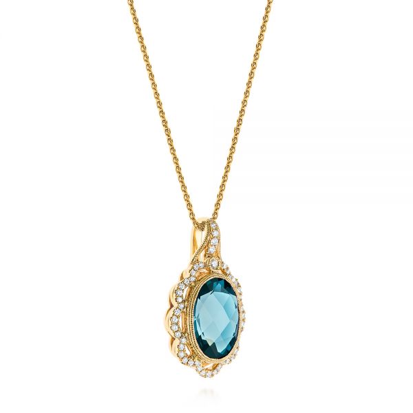 18k Yellow Gold 18k Yellow Gold Vintage-inspired London Blue Topaz And Diamond Pendant - Flat View -  105428