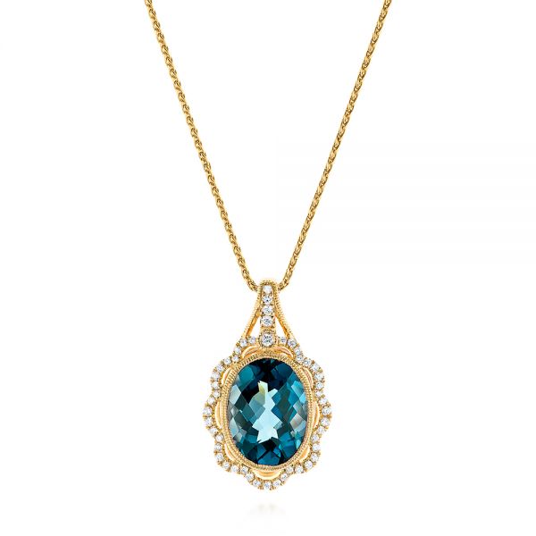 14k Yellow Gold 14k Yellow Gold Vintage-inspired London Blue Topaz And Diamond Pendant - Three-Quarter View -  105428