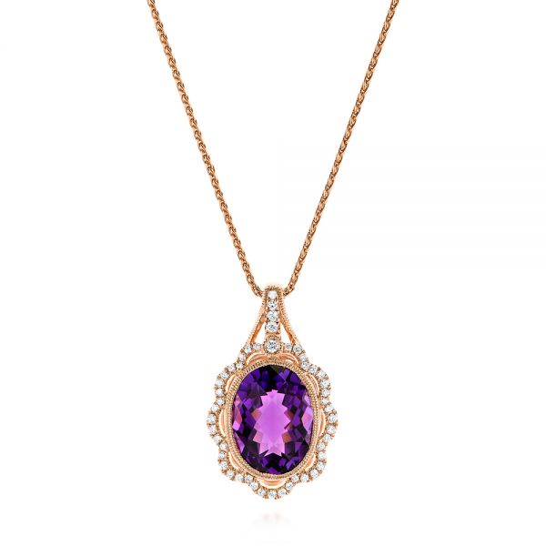 14k Rose Gold 14k Rose Gold Vintage-inspired Oval Amethyst And Diamond Pendant - Three-Quarter View -  105426