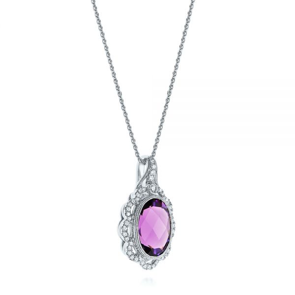 14k White Gold 14k White Gold Vintage-inspired Oval Amethyst And Diamond Pendant - Flat View -  105426