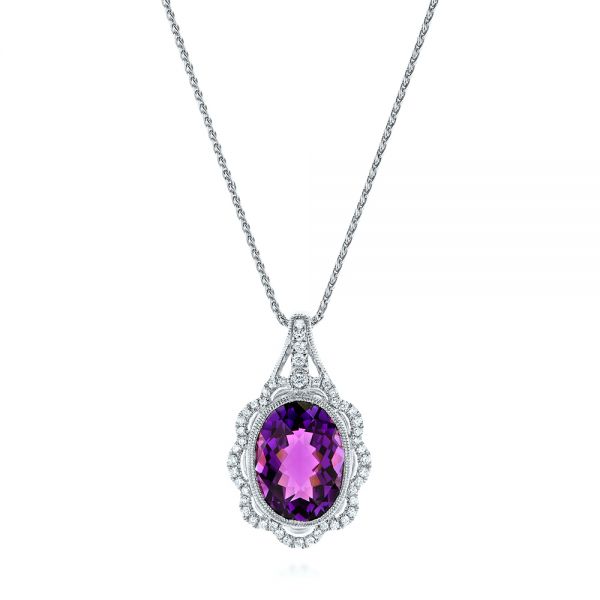 14k White Gold 14k White Gold Vintage-inspired Oval Amethyst And Diamond Pendant - Three-Quarter View -  105426