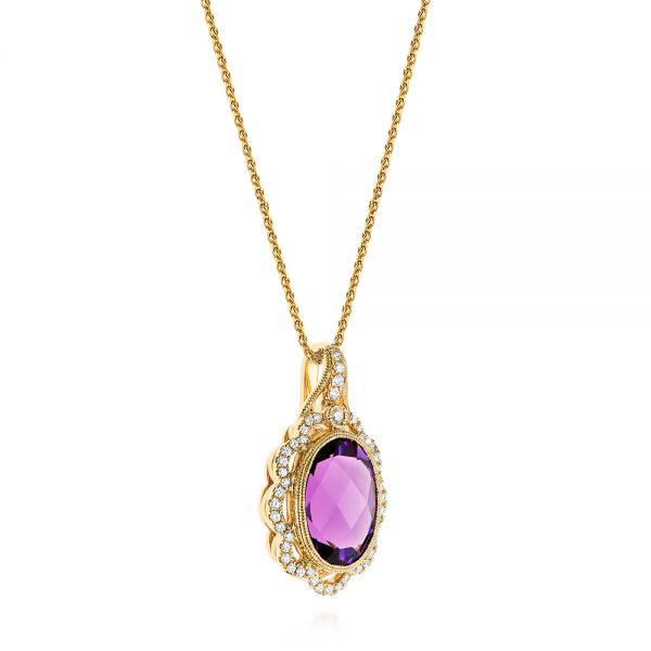 14k Yellow Gold Vintage-inspired Oval Amethyst And Diamond Pendant - Flat View - 105426