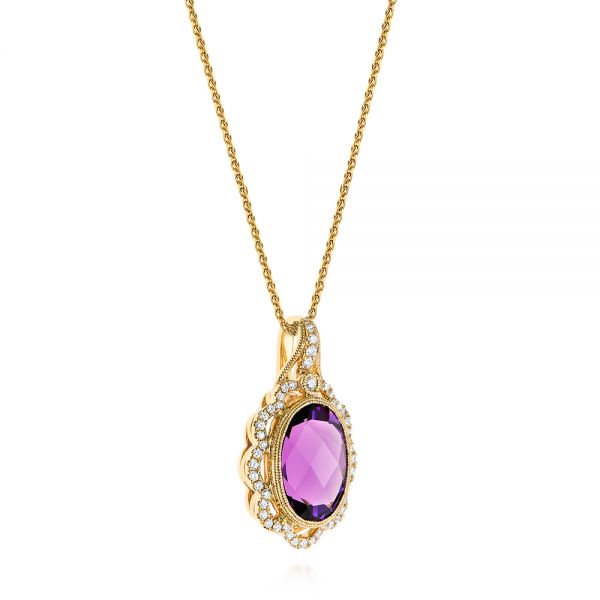 14k Yellow Gold Vintage-inspired Oval Amethyst And Diamond Pendant - Flat View -  105426