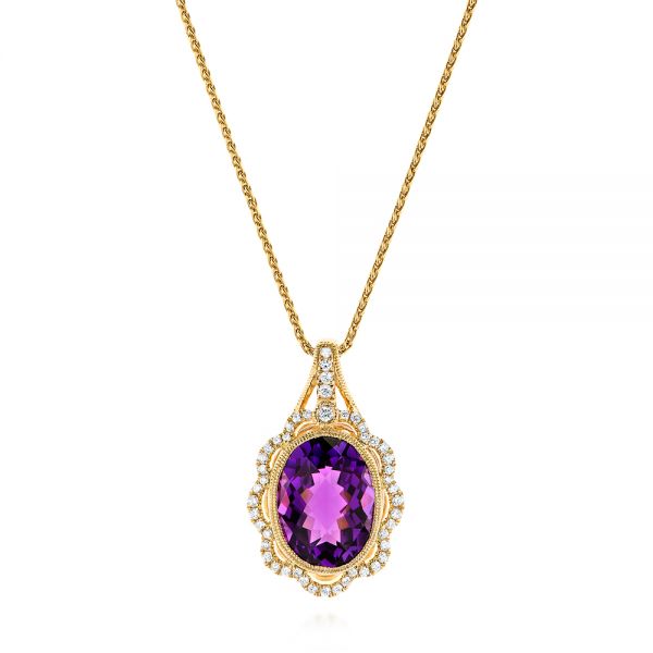 18k Yellow Gold 18k Yellow Gold Vintage-inspired Oval Amethyst And Diamond Pendant - Three-Quarter View -  105426