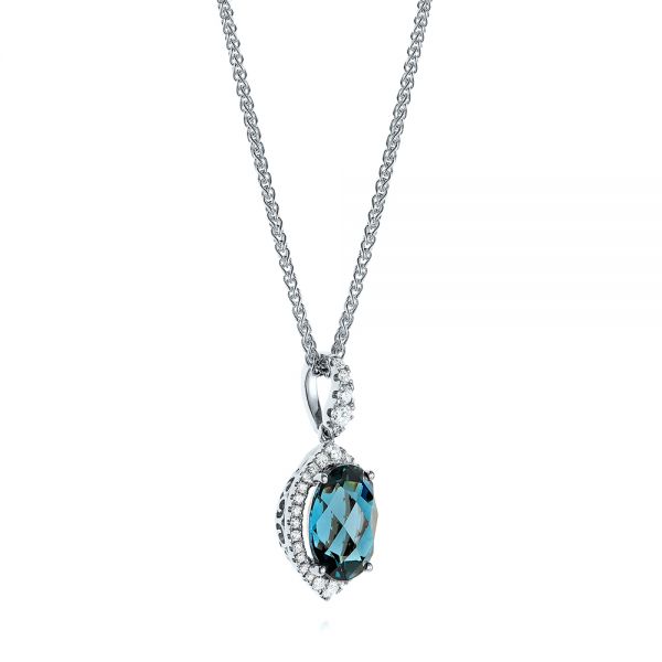 18k White Gold 18k White Gold Vintage-inspired Oval London Blue Topaz And Diamond Pendant - Flat View -  105433