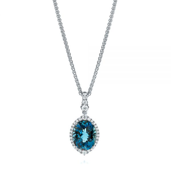 14k White Gold 14k White Gold Vintage-inspired Oval London Blue Topaz And Diamond Pendant - Three-Quarter View -  105433