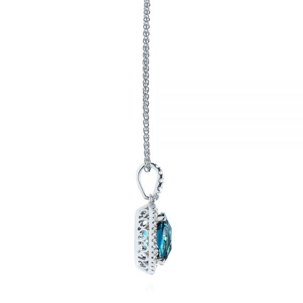 18k White Gold 18k White Gold Vintage-inspired Oval London Blue Topaz And Diamond Pendant - Side View - 105433