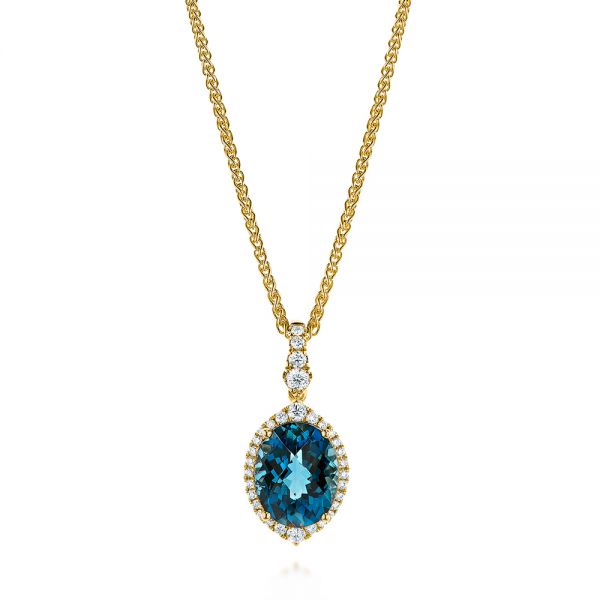 18k Yellow Gold 18k Yellow Gold Vintage-inspired Oval London Blue Topaz And Diamond Pendant - Three-Quarter View -  105433