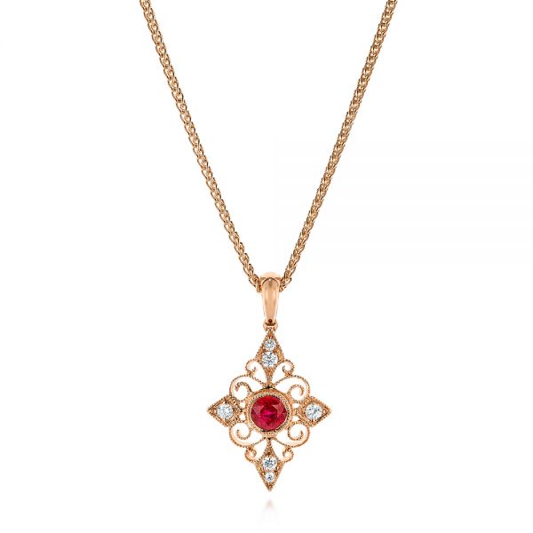 18k Rose Gold 18k Rose Gold Vintage-inspired Ruby And Diamond Filigree Pendant - Three-Quarter View -  106007