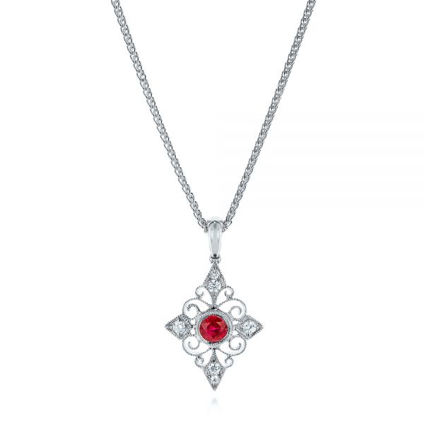  Platinum Platinum Vintage-inspired Ruby And Diamond Filigree Pendant - Three-Quarter View -  106007