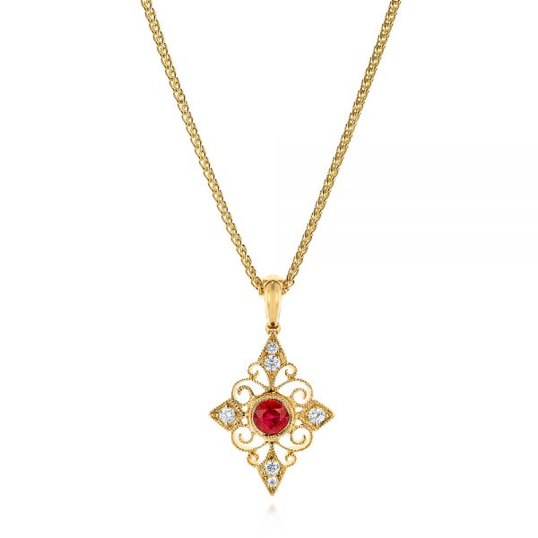 18k Yellow Gold 18k Yellow Gold Vintage-inspired Ruby And Diamond Filigree Pendant - Three-Quarter View -  106007