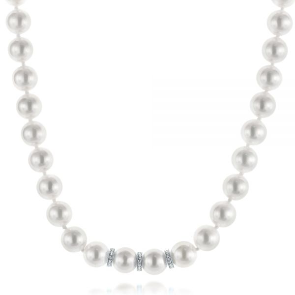 14k White Gold 14k White Gold White Akoya Pearl And Diamond Necklace - Three-Quarter View -  103332