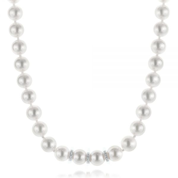 18k White Gold 18k White Gold White Akoya Pearl And Diamond Necklace - Three-Quarter View -  103333