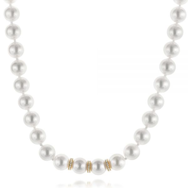 14k Yellow Gold White Akoya Pearl And Diamond Necklace - Three-Quarter View -  103332