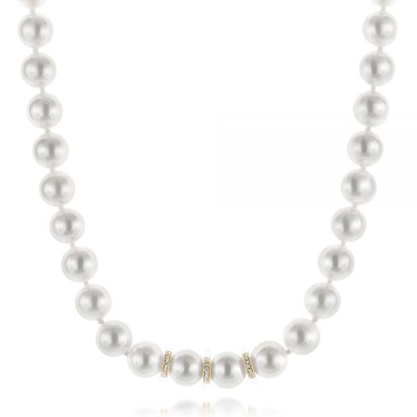 14k Yellow Gold 14k Yellow Gold White Akoya Pearl And Diamond Necklace - Three-Quarter View -  103333