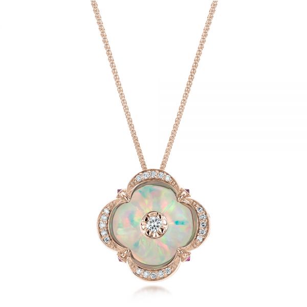 14k Rose Gold 14k Rose Gold White Opal And Diamond Pendant - Three-Quarter View -  101978