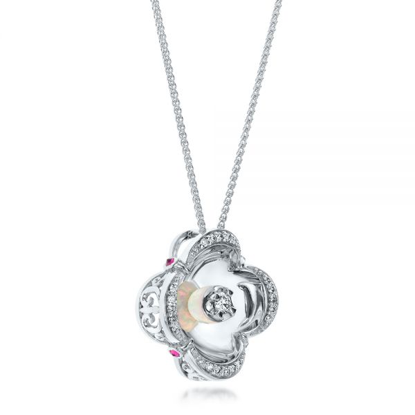 14k White Gold White Opal And Diamond Pendant - Flat View - 101978