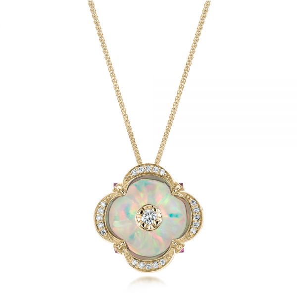 18k Yellow Gold 18k Yellow Gold White Opal And Diamond Pendant - Three-Quarter View - 101978