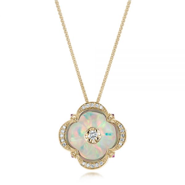 14k Yellow Gold 14k Yellow Gold White Opal And Diamond Pendant - Three-Quarter View -  101978