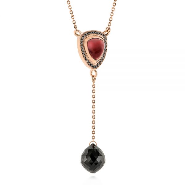  14K Gold Y-chain Garnet And Black Diamond Necklace - Flat View -  105109