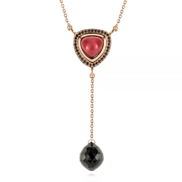  14K Gold Y-chain Garnet And Black Diamond Necklace - Three-Quarter View -  105109