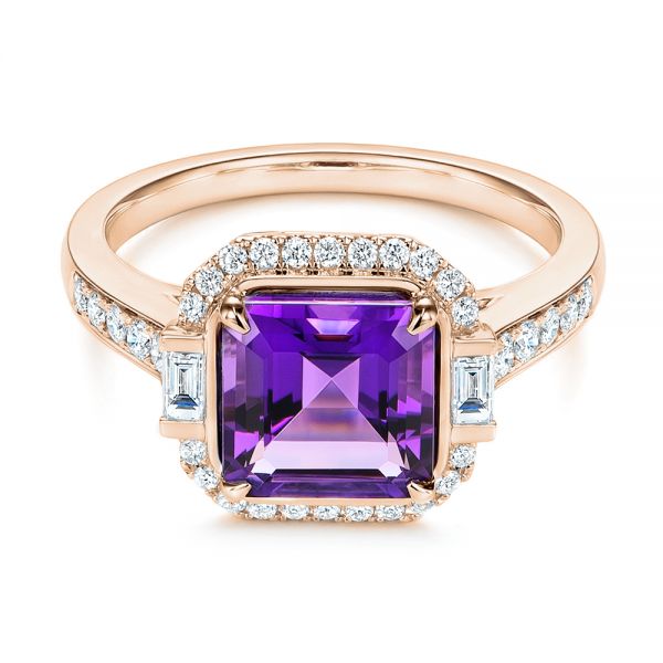 18k Rose Gold 18k Rose Gold Amethyst And Baguette Diamond Halo Ring - Flat View -  106049 - Thumbnail