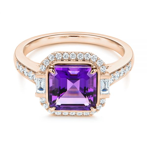 14k Rose Gold 14k Rose Gold Amethyst And Baguette Diamond Halo Ring - Flat View -  106049 - Thumbnail