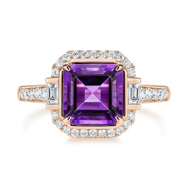 18k Rose Gold 18k Rose Gold Amethyst And Baguette Diamond Halo Ring - Top View - 106049