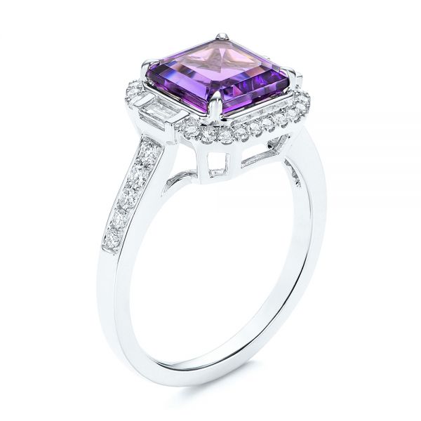 18k White Gold 18k White Gold Amethyst And Baguette Diamond Halo Ring - Three-Quarter View -  106049