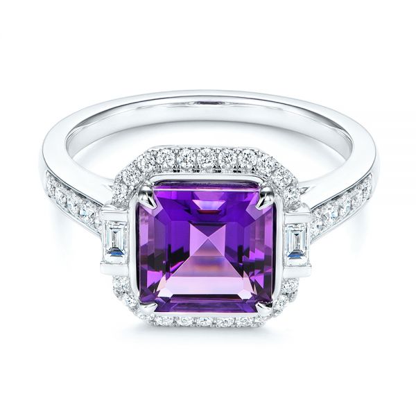 14k White Gold Amethyst And Baguette Diamond Halo Ring - Flat View -  106049