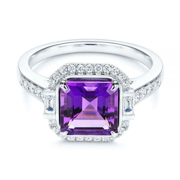 14k White Gold Amethyst And Baguette Diamond Halo Ring - Flat View - 106049