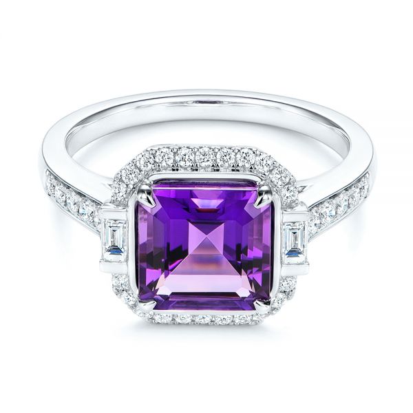 18k White Gold 18k White Gold Amethyst And Baguette Diamond Halo Ring - Flat View -  106049 - Thumbnail