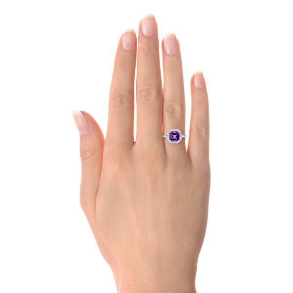 18k White Gold 18k White Gold Amethyst And Baguette Diamond Halo Ring - Hand View -  106049 - Thumbnail
