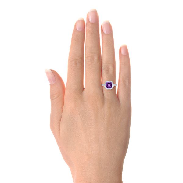  Platinum Platinum Amethyst And Baguette Diamond Halo Ring - Hand View -  106049 - Thumbnail