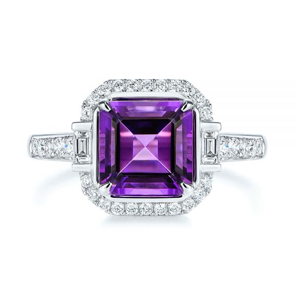18k White Gold 18k White Gold Amethyst And Baguette Diamond Halo Ring - Top View -  106049