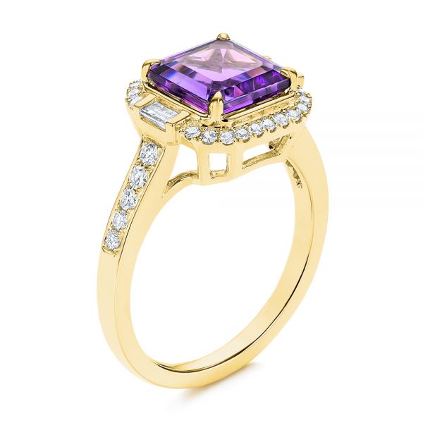 18k Yellow Gold 18k Yellow Gold Amethyst And Baguette Diamond Halo Ring - Three-Quarter View -  106049
