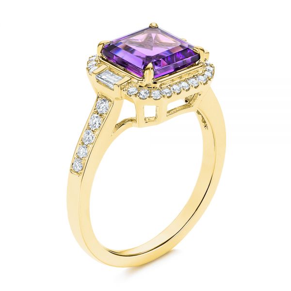 14k Yellow Gold 14k Yellow Gold Amethyst And Baguette Diamond Halo Ring - Three-Quarter View -  106049 - Thumbnail