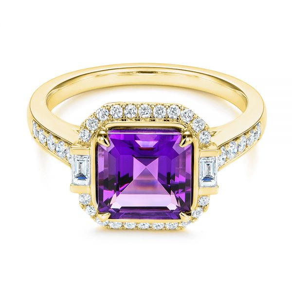 18k Yellow Gold 18k Yellow Gold Amethyst And Baguette Diamond Halo Ring - Flat View -  106049 - Thumbnail
