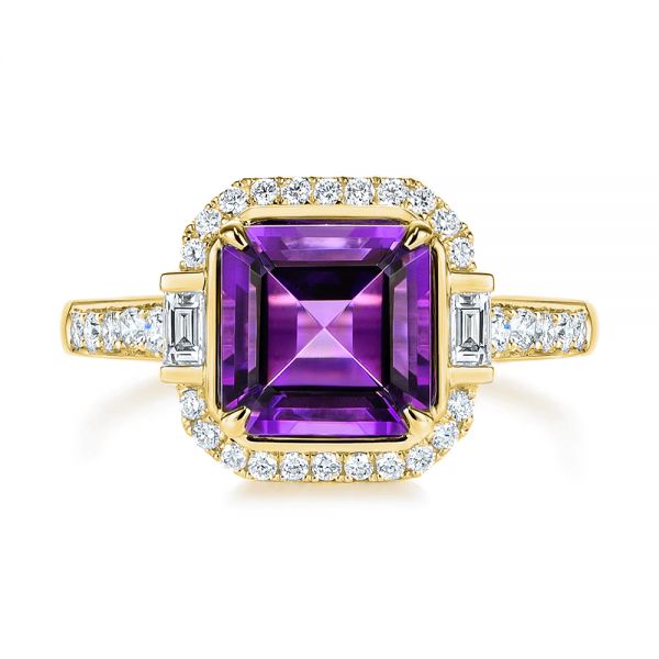 18k Yellow Gold 18k Yellow Gold Amethyst And Baguette Diamond Halo Ring - Top View -  106049 - Thumbnail