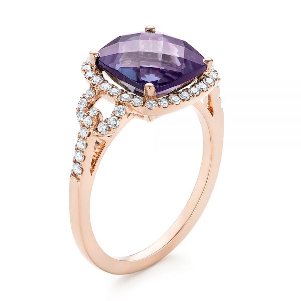 14k Rose Gold Amethyst And Diamond Halo Fashion Ring - Three-Quarter View -  103758