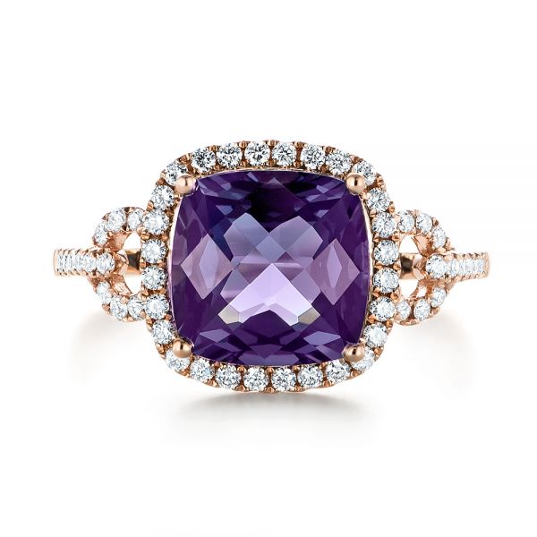 14k Rose Gold Amethyst And Diamond Halo Fashion Ring - Top View -  103758