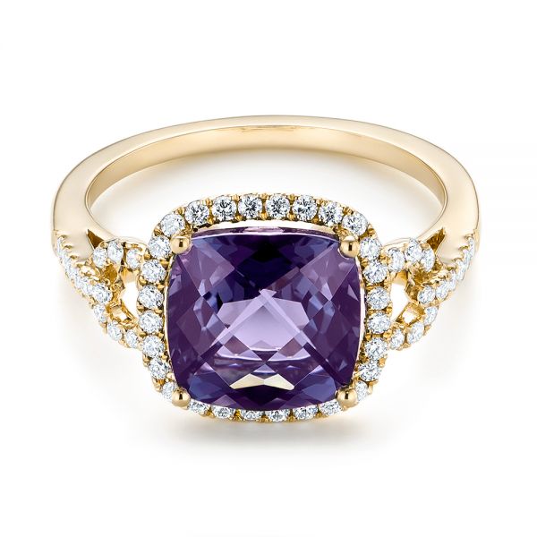 18k Yellow Gold 18k Yellow Gold Amethyst And Diamond Halo Fashion Ring - Flat View -  103758