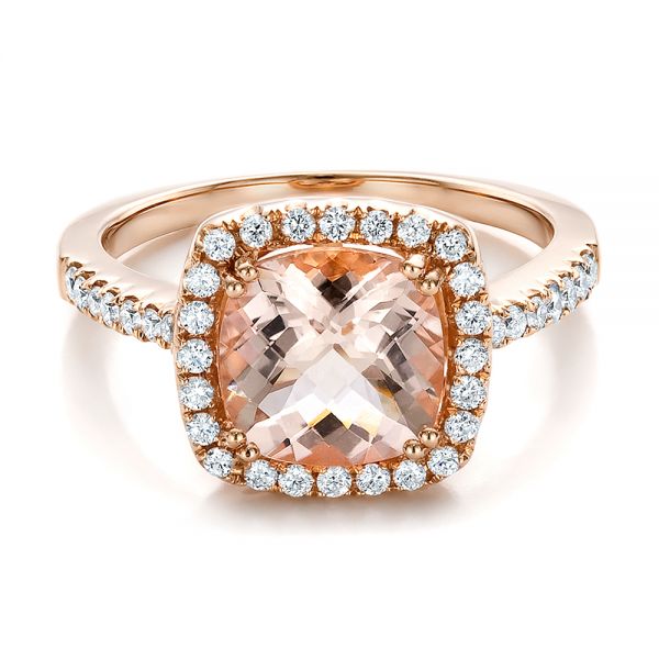 14k Rose Gold Antique Cushion Morganite And Diamond Halo Ring - Flat View - 100456