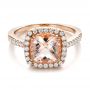 14k Rose Gold Antique Cushion Morganite And Diamond Halo Ring - Flat View -  100456 - Thumbnail