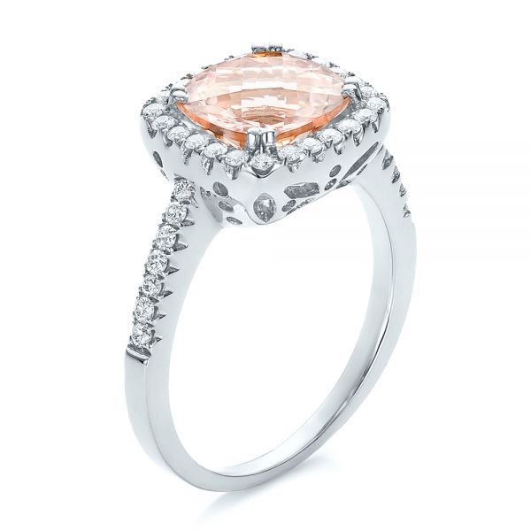 14k White Gold 14k White Gold Antique Cushion Morganite And Diamond Halo Ring - Three-Quarter View -  100456