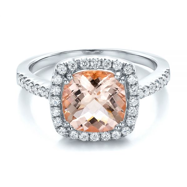 14k White Gold 14k White Gold Antique Cushion Morganite And Diamond Halo Ring - Flat View -  100456