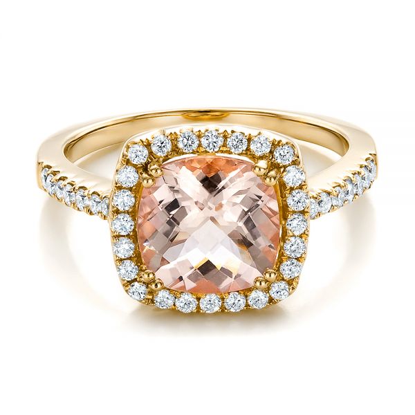 18k Yellow Gold 18k Yellow Gold Antique Cushion Morganite And Diamond Halo Ring - Flat View -  100456