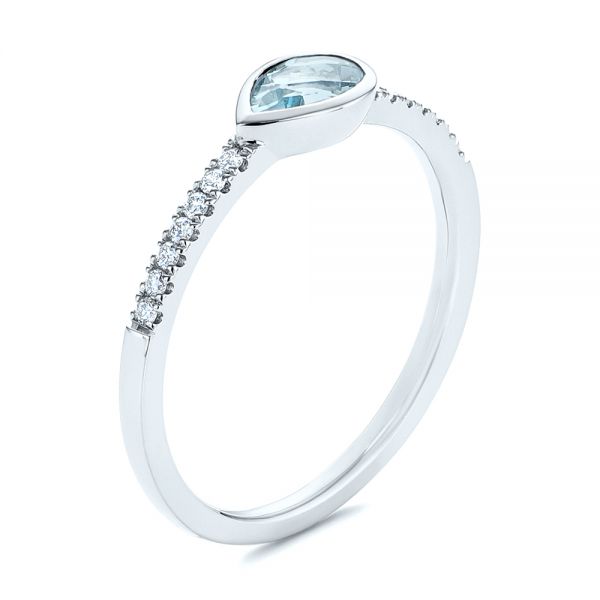 14k White Gold Aquamarine And Diamond Fashion Ring - Three-Quarter View -  105399